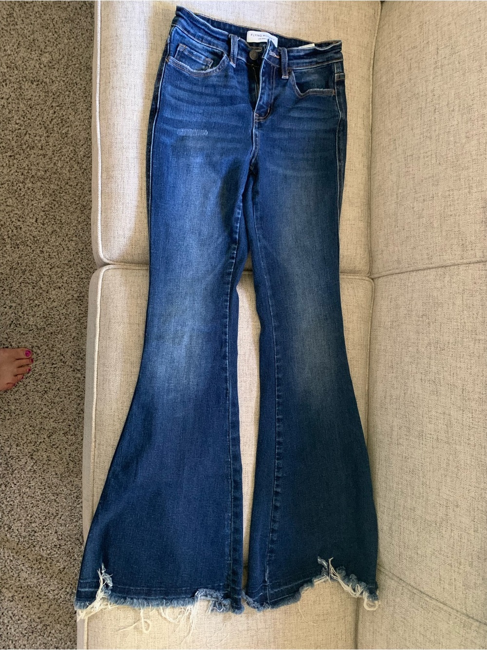 Flying Monkey Indigo Flare Jeans with Distressed Hem